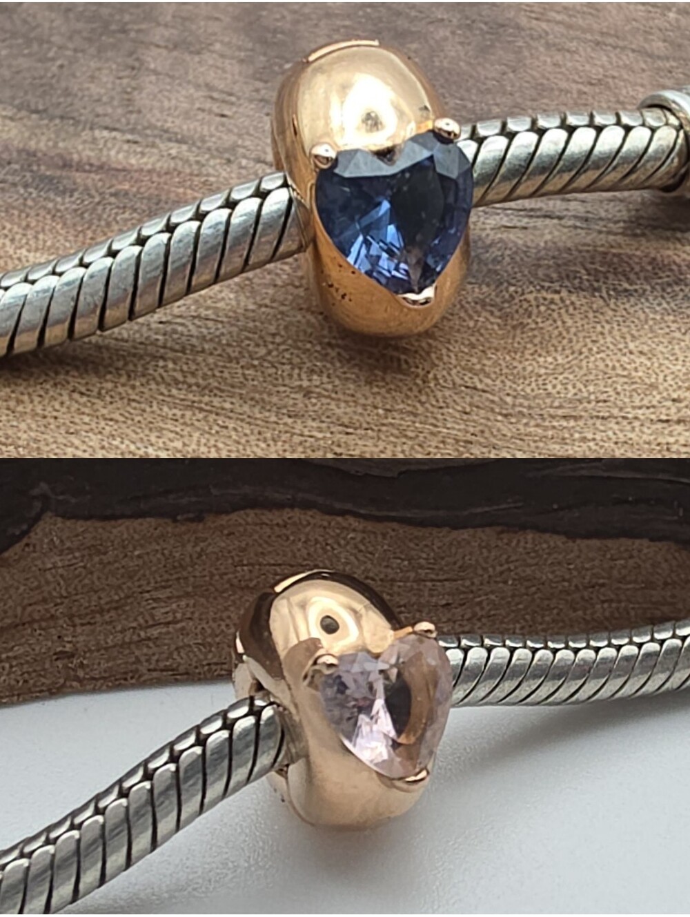 Retired Pandora 14k Rose Gold Blue Pink Heart Solitare Clip Charm Bead Love